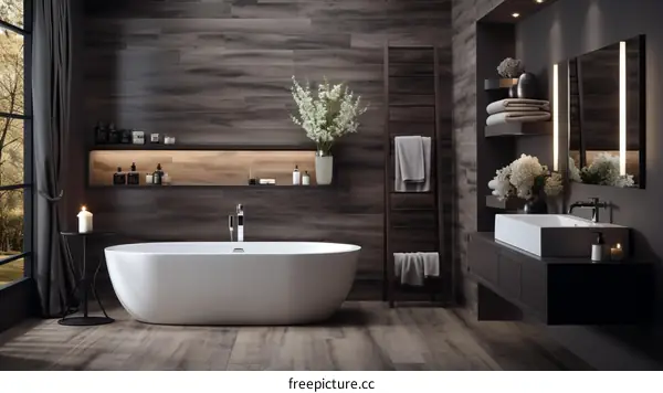 Dark Wood Bathroom with White Bathtub and Chic Accessories