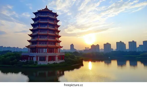 Sunrise over Chinese Pagoda and Cityscape