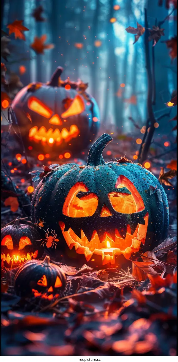 Spooky Halloween pumpkins in a dark forest