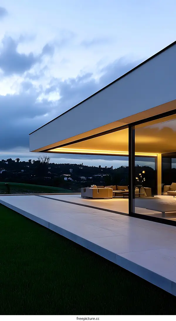 Modern Minimalist House with Large Glass Windows and View of the Hills