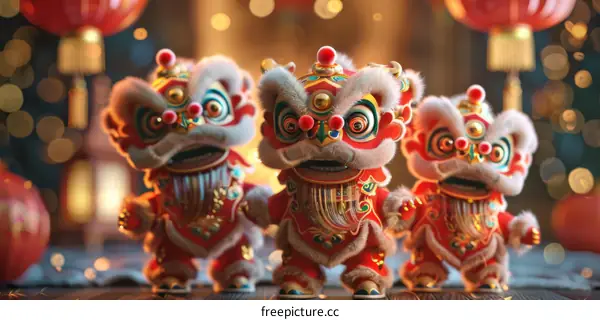 Cartoon Lion Mascots Celebrating Chinese New Year
