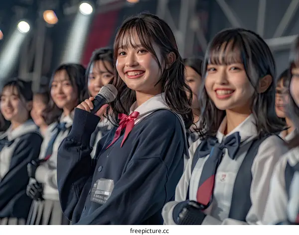 Japanese school girl idol group AKB48 Team 8 member Okabe Rin speaking into a microphone