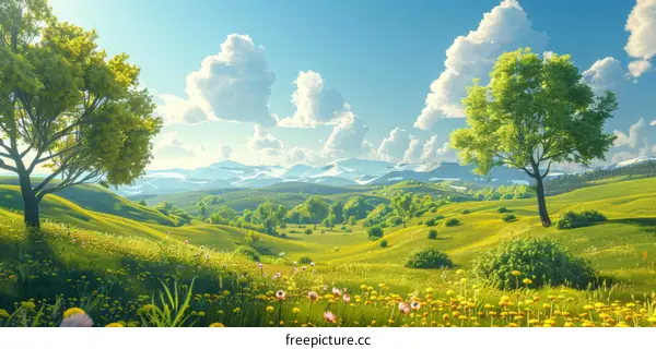 Rolling Green Hills Under a Blue Sky with White Clouds