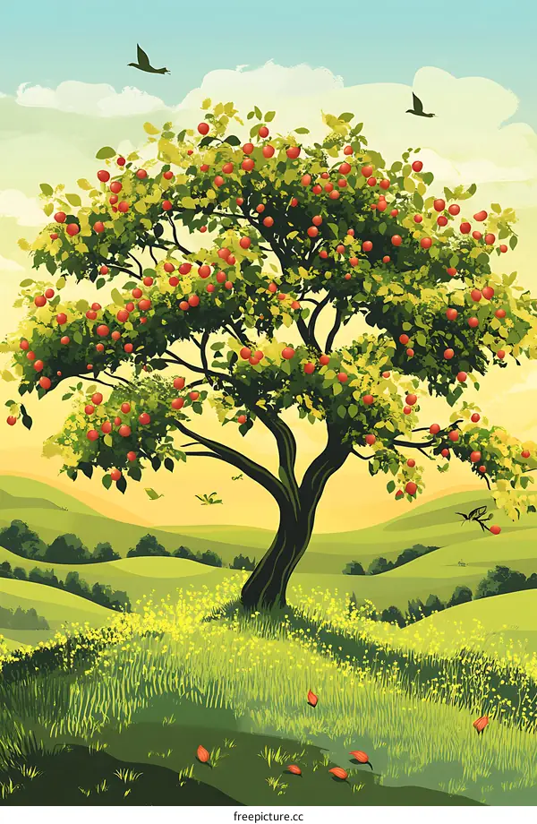 Apple Tree in a Field with Green Hills
