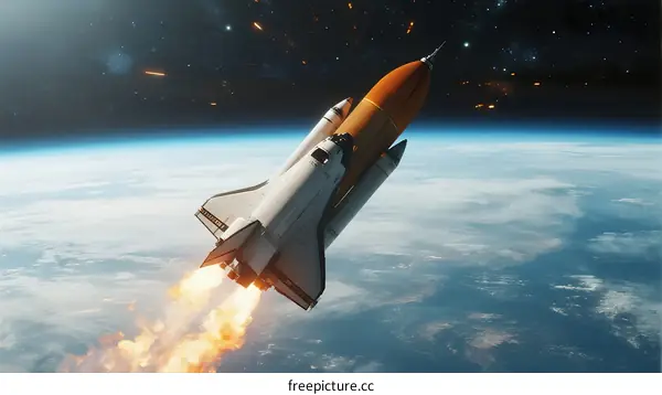 Space Shuttle Launching into Earth's Orbit with Flames