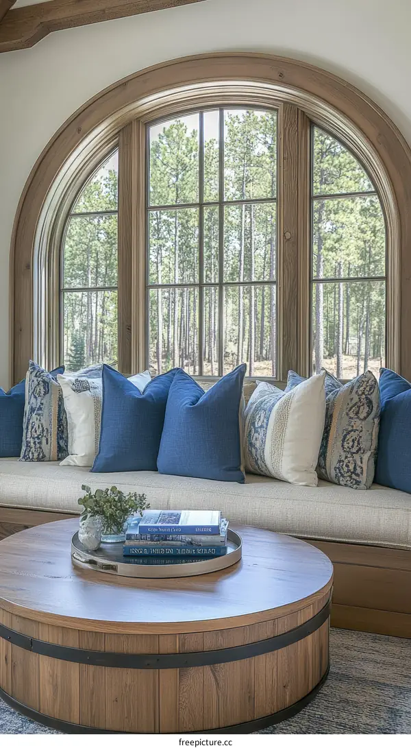 Cozy Living Room with a Large Arch Window