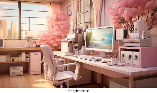 A pink home office with a large window and a cherry blossom tree