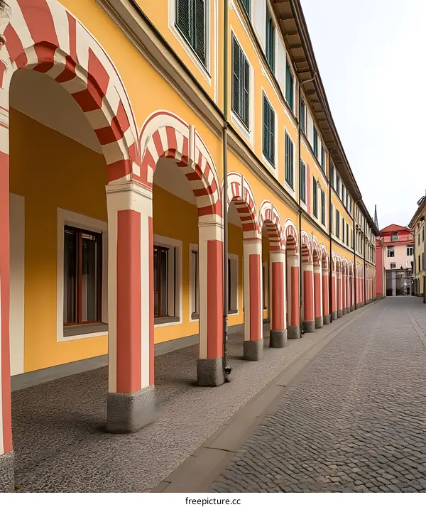 Arched Colonnade Along Cobblestone Street In European City