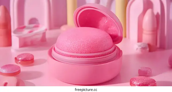 Pink Makeup Sponge In Open Container With Glitter