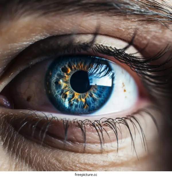 A close-up of a woman's blue eye with a hint of yellow and orange flecks around the pupil