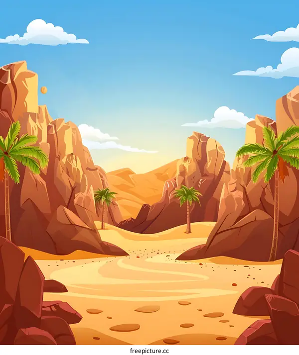 Desert Landscape with Palm Trees and Mountains