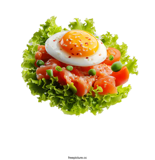 [Transparent Background PNG]Healthy food with lettuce, salmon, egg and tomatoes