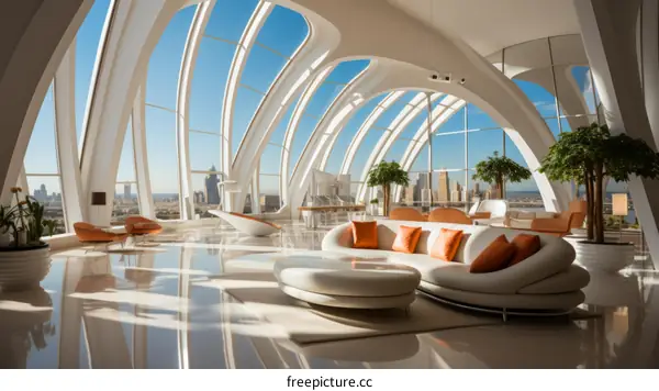 Futuristic interior space with large windows and curved walls