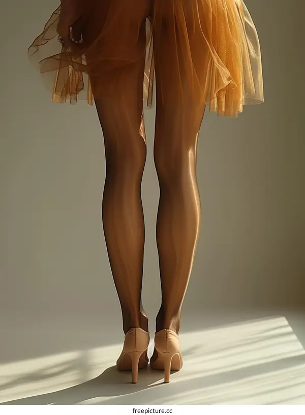 A woman in a brown tutu and nude high heels
