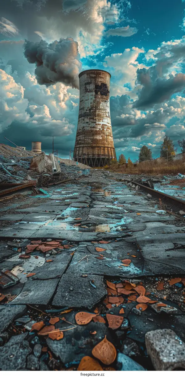 An abandoned and dilapidated factory building with a large cooling tower in the background