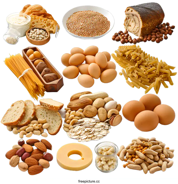 [Transparent Background PNG]Food Group Collage of Bread, Eggs, Pasta, Nuts, and Grains