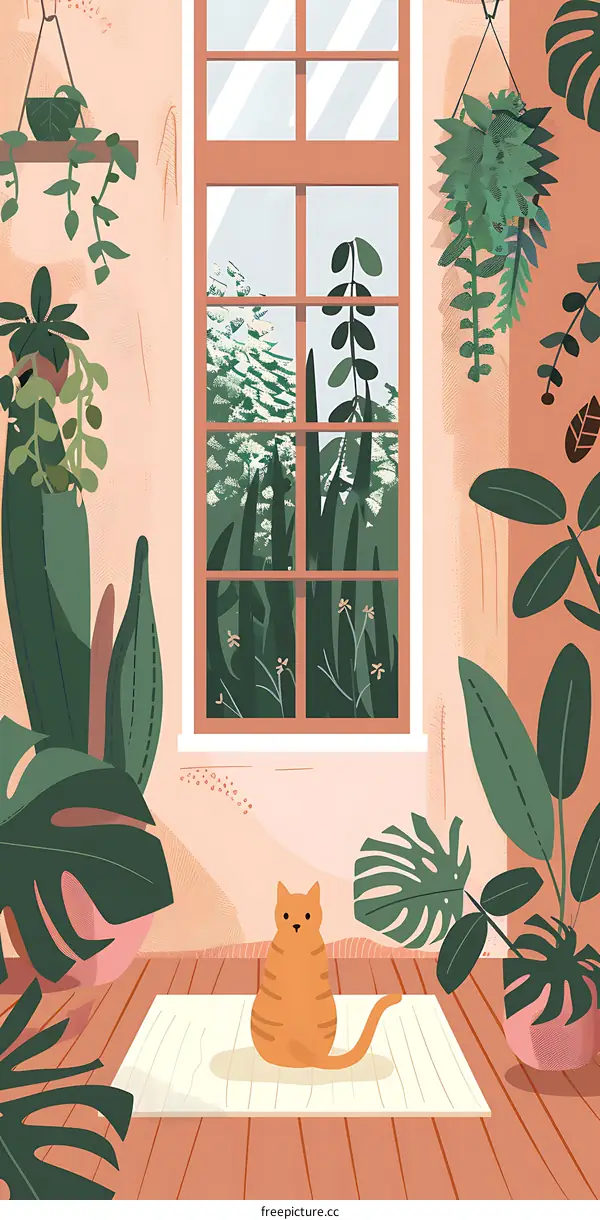 Orange Cat Sitting on a Rug in a Room with a Window and Plants