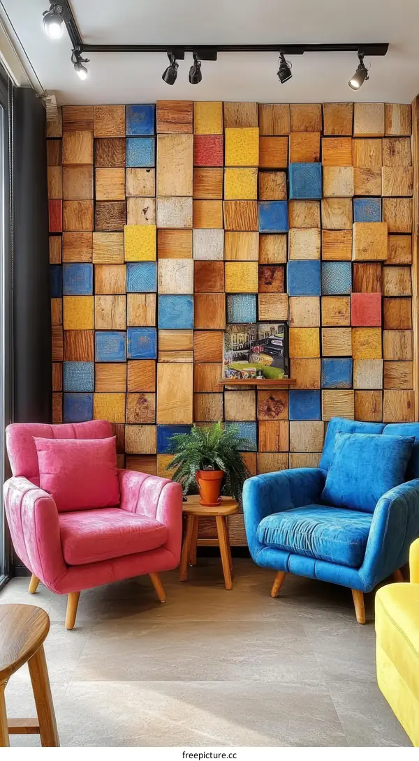 Colorful Wooden Wall Living Room Interior Design