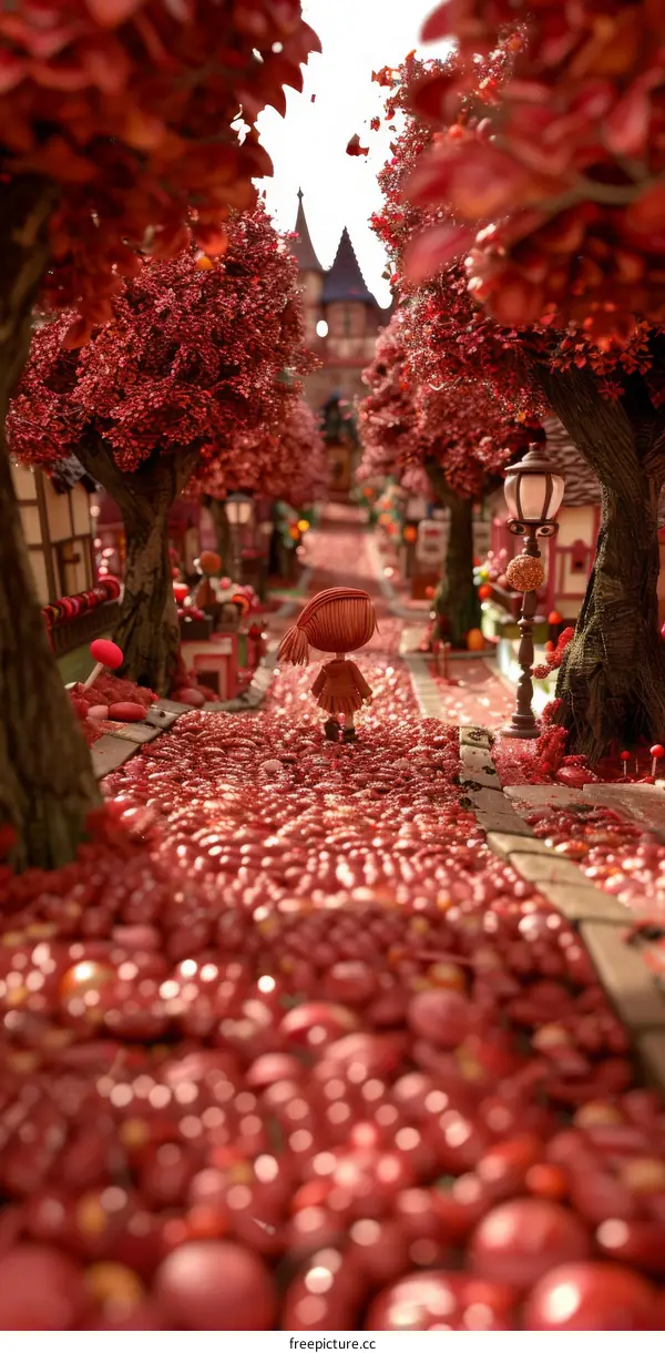 A girl walking down a path in a candy land