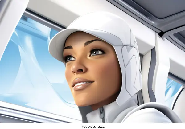 A young black woman wearing a futuristic white hat smiles cheerfully and gazes out the window of a spaceship.