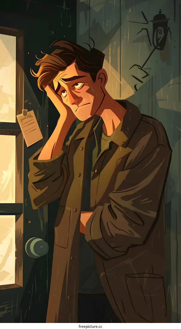 A man standing in a doorway, looking sad