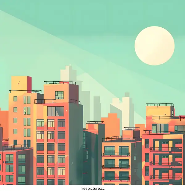 Cityscape Illustration with Sun and Buildings