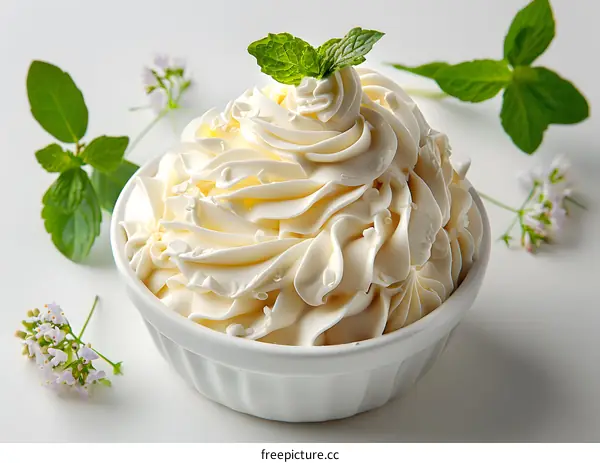 Whipped cream in white bowl with garnish
