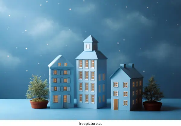 Blue Paper Cut Buildings Night Scene