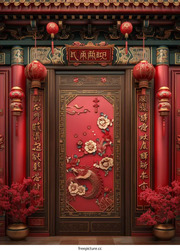 Red and Gold Chinese Door with Elaborate Carvings and Decorations