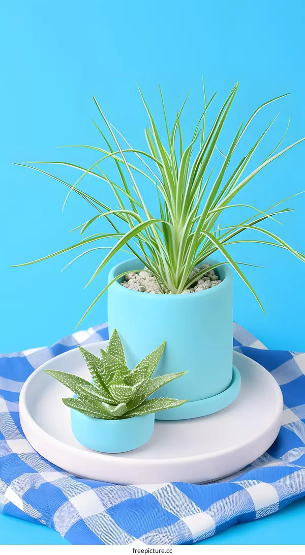 Green Plants in Blue Pots on Blue and White Checkered Napkin