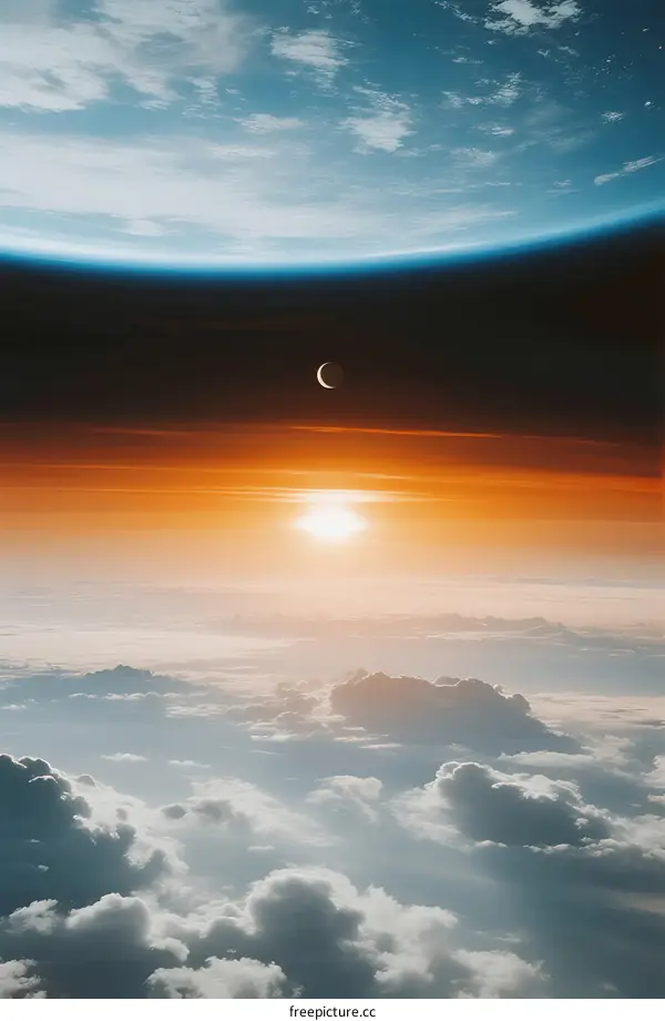 A Stunning View of Earth's Horizon with Sun and Moon