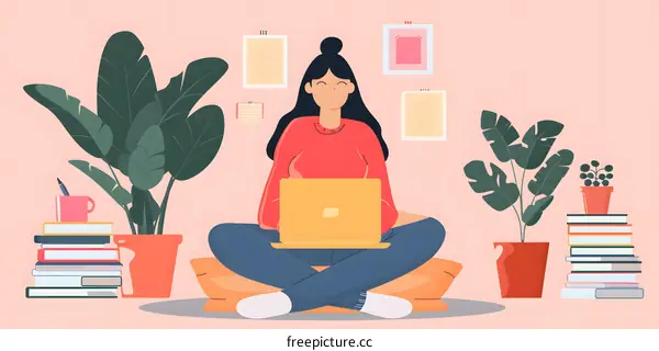 Woman Working on Laptop at Home with Plants