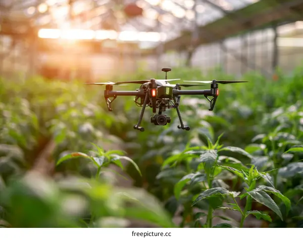 Drone flying over a field of crops