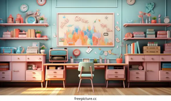 A colorful and organized home office with big desk, shelves and comfortable chair