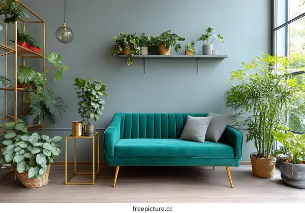 Teal Velvet Sofa in a Greenery Filled Room