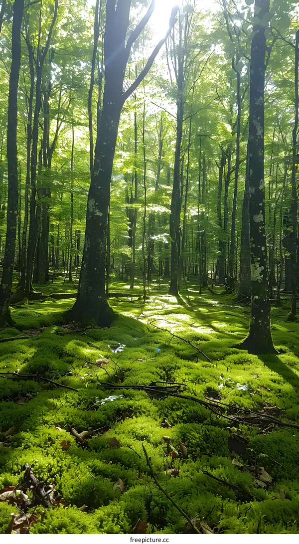 Sunlight Shining Through Green Forest