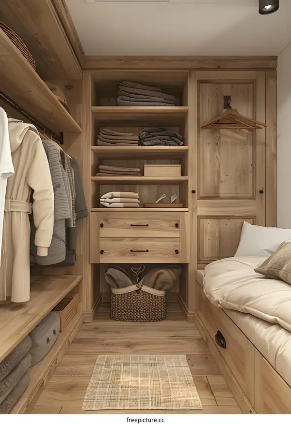 Wooden walk-in closet and cozy reading nook
