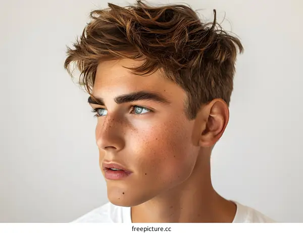 Young Man with Freckles and Blue Eyes