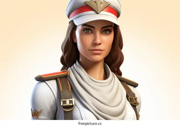 A female soldier wearing a white hat and brown hair