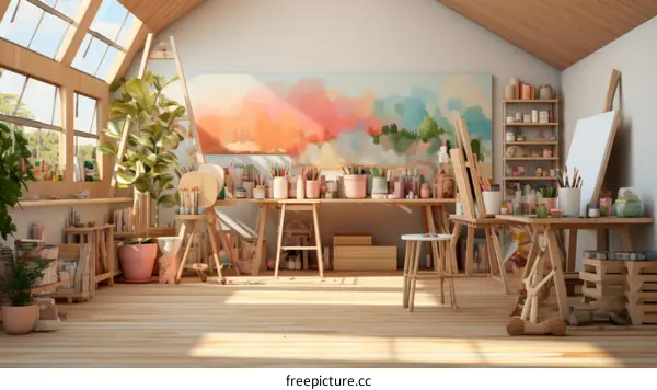 Art studio with large windows and wooden furniture