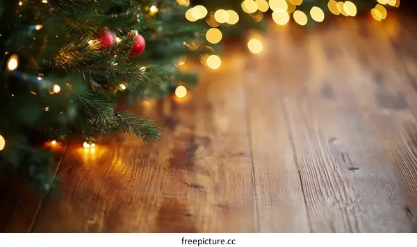 Christmas Wooden Tabletop Background with Lights