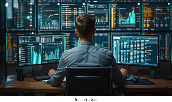 Male stock trader analyzing financial data on multiple computer screens in a dark room