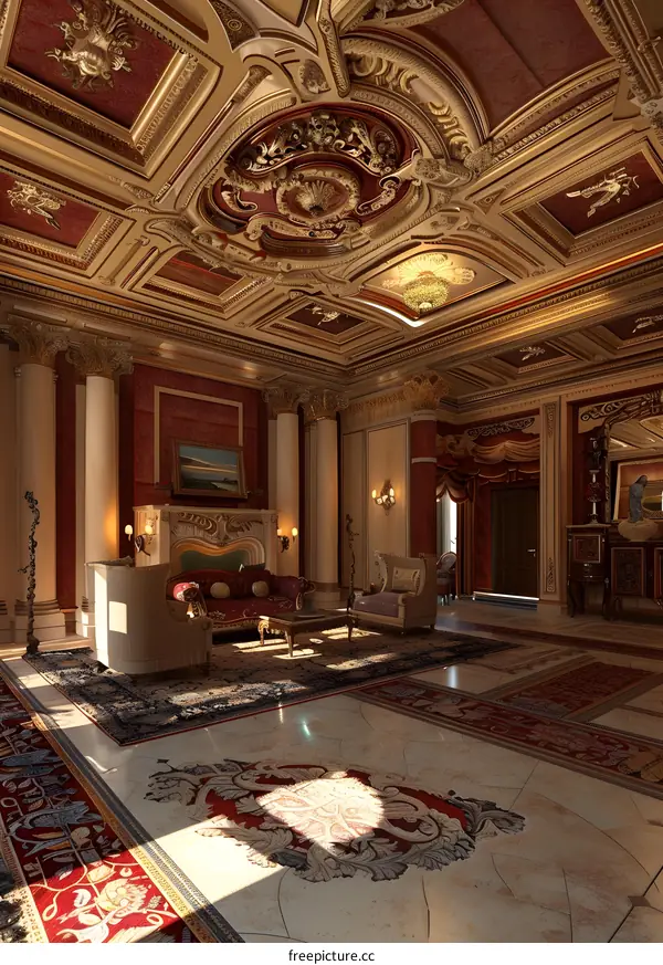 Interior Design of a Luxurious Living Room with Ornate Ceiling and Gold Accents