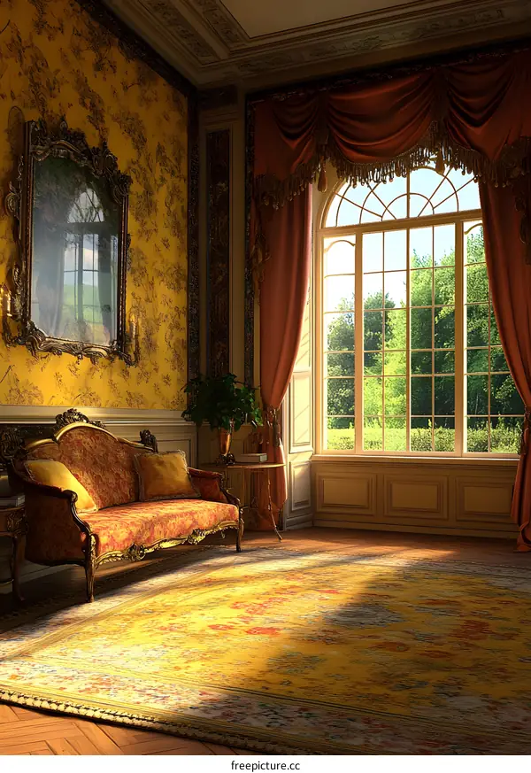 Golden Living Room Interior Design with Sunbeams and Lush Green View