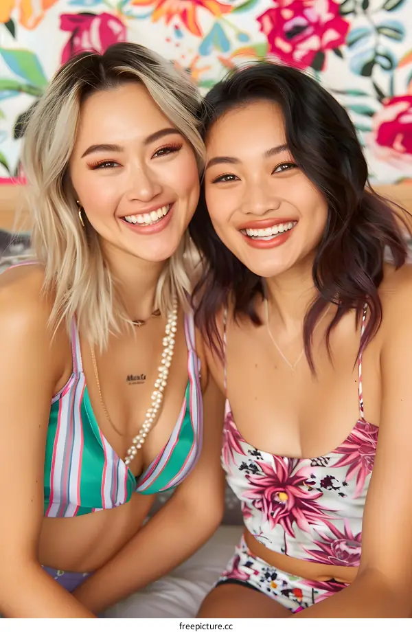 Two Asian Women Smiling Together Wearing Colorful Swimsuits