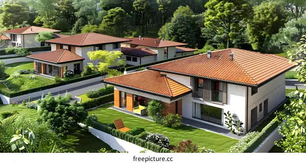 Modern House Design with Red Tile Roof and Green Landscape