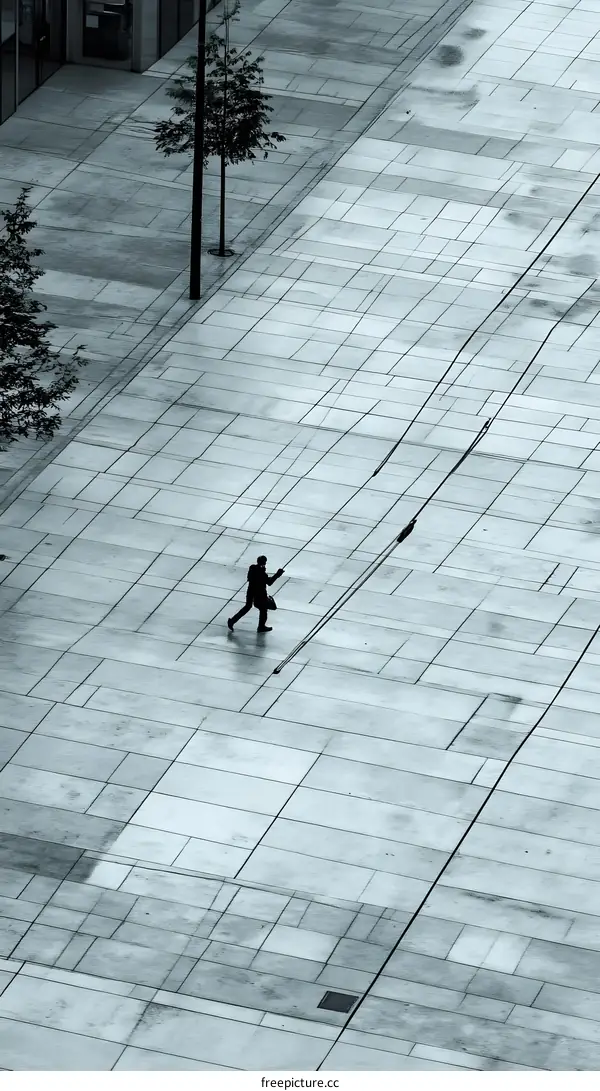A Man Walking Across a Large Grey Brick Plaza