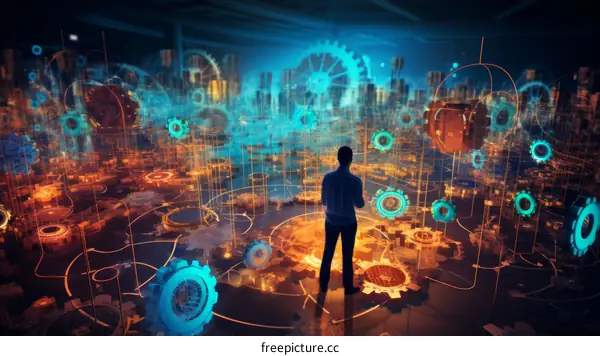Businessman standing in a digital city surrounded by gears representing the internet of things