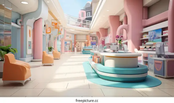 An illustration of a colorful and modern hospital interior