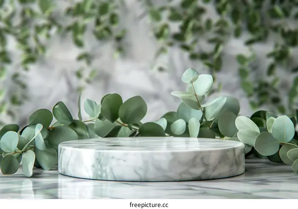 Green marble product photography backdrop with eucalyptus leaves